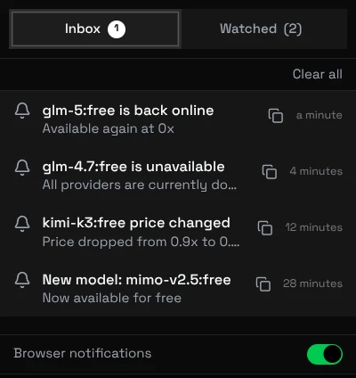 Notification inbox with live model alerts